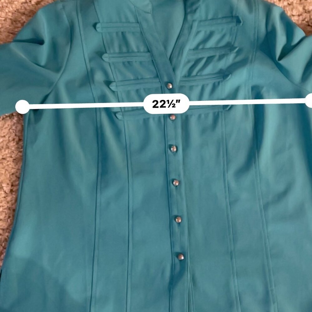 Cathy Che Stretch Teal Mandarin Collar Blouse 14/16W - Picture 2 of 8
